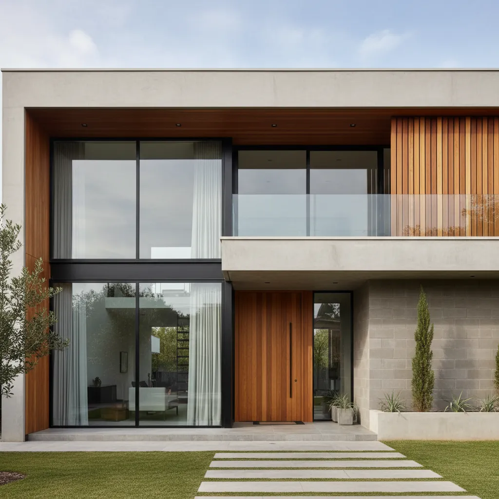 Fachada moderna combinando madera, hormigón y grandes ventanales