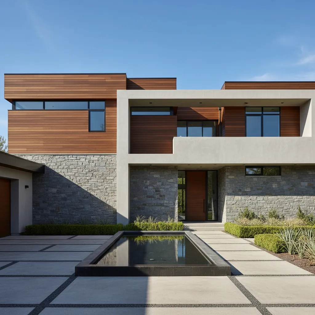 Fachada de casa moderna combinando madera y piedra