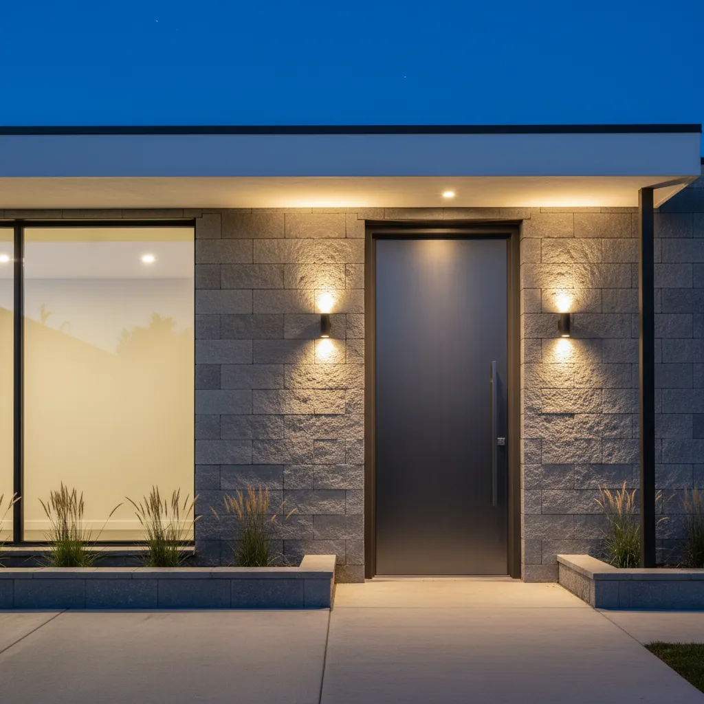 Puerta metálica integrada en diseño de fachada moderna