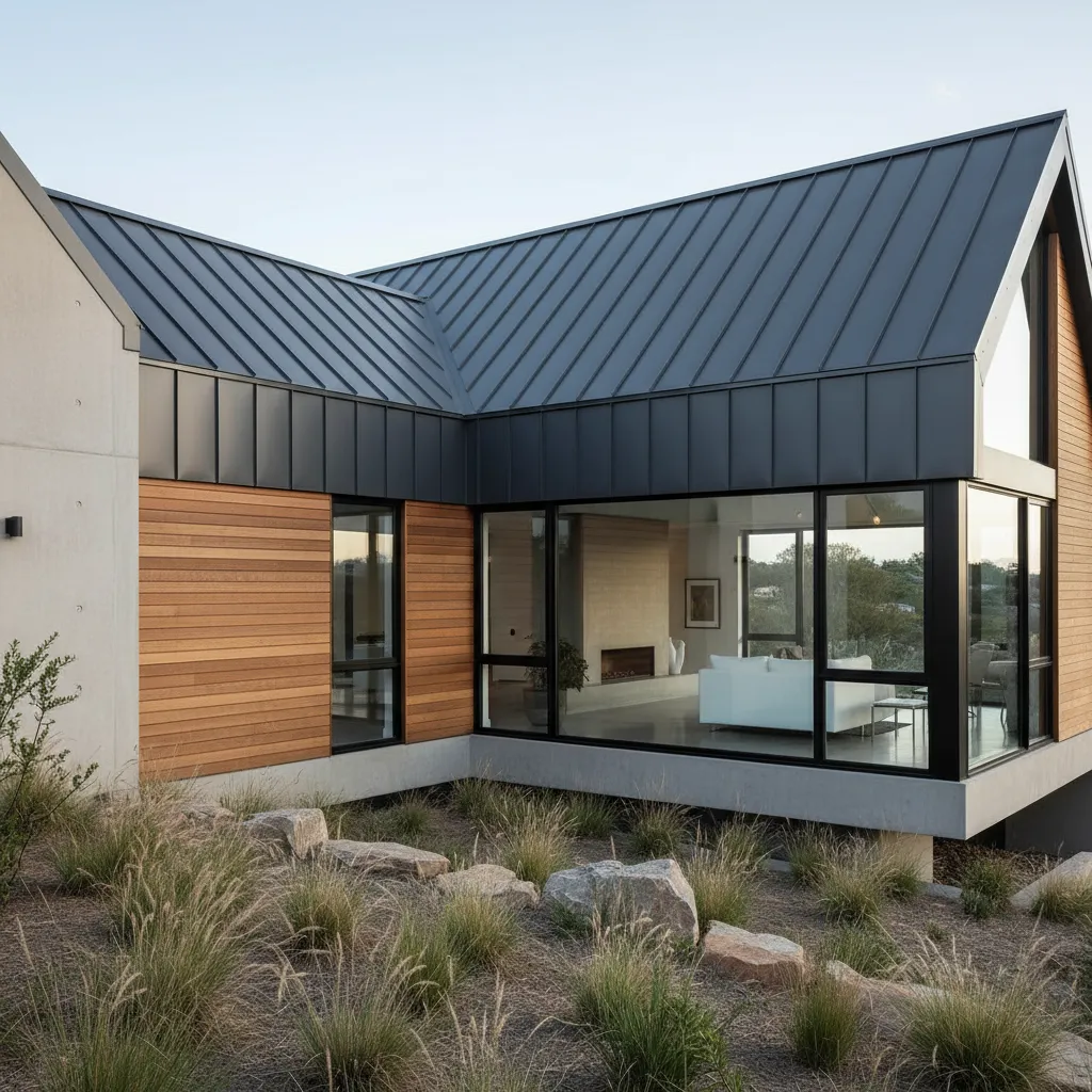 Casa moderna con cubierta metálica minimalista
