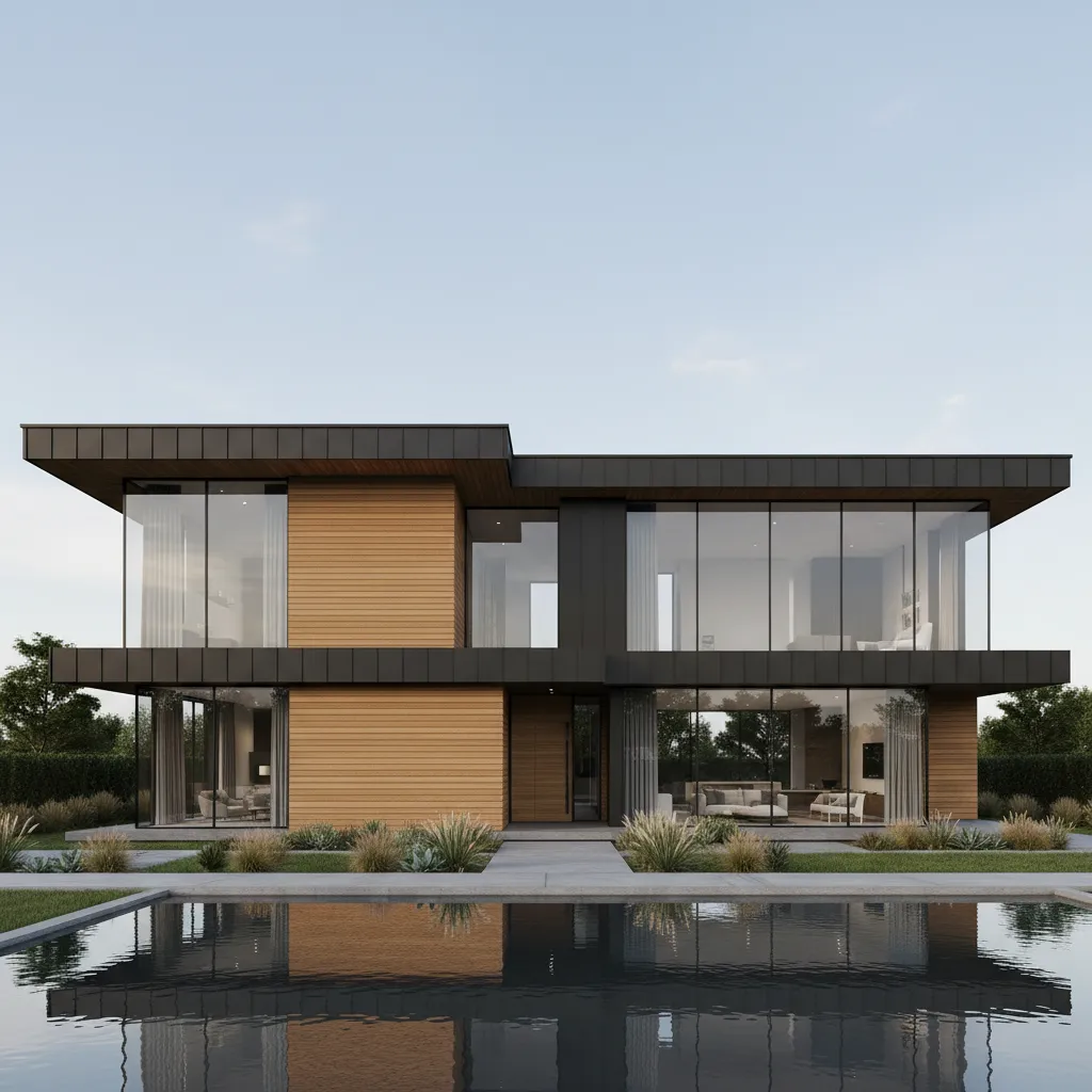 Contemporary modern house facade using metal panels wood and large windows