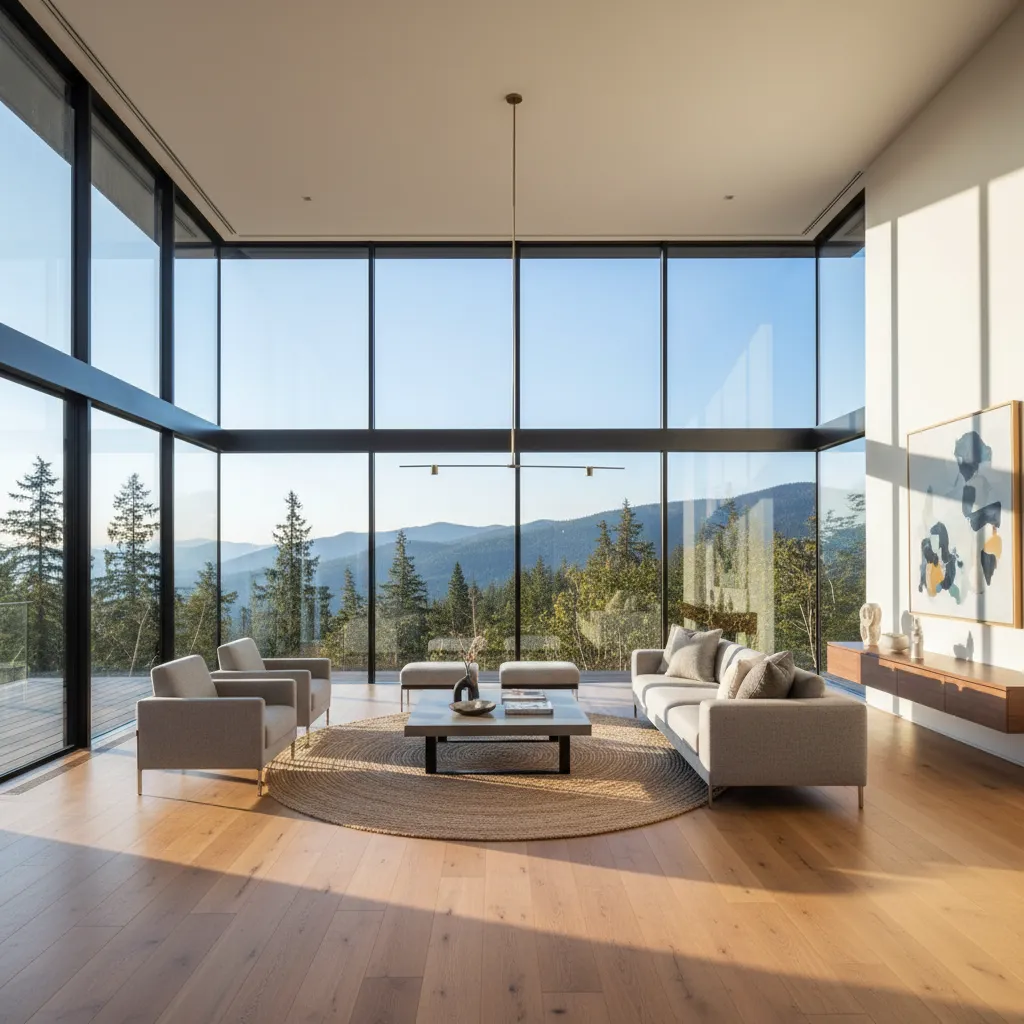 Interior de casa moderna con grandes ventanales y abundante luz natural