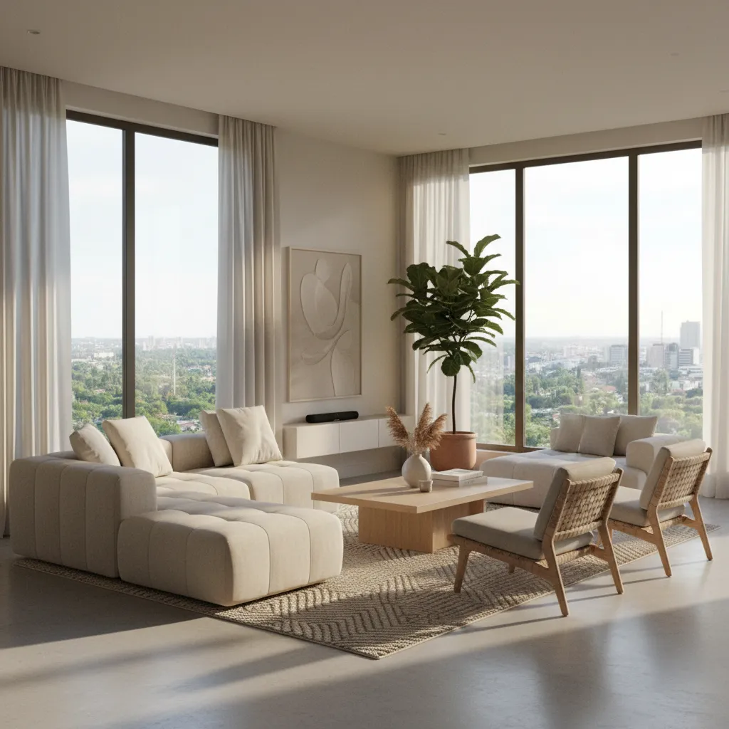 Salón moderno con grandes ventanas y abundante luz natural