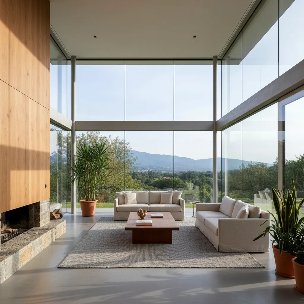 Salón de casa moderna con grandes ventanales y abundante luz natural