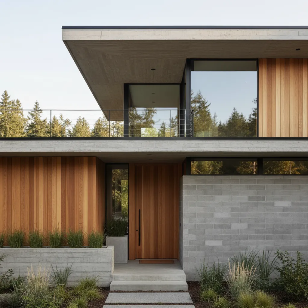 Casa moderna con materiales naturales como madera y hormigón