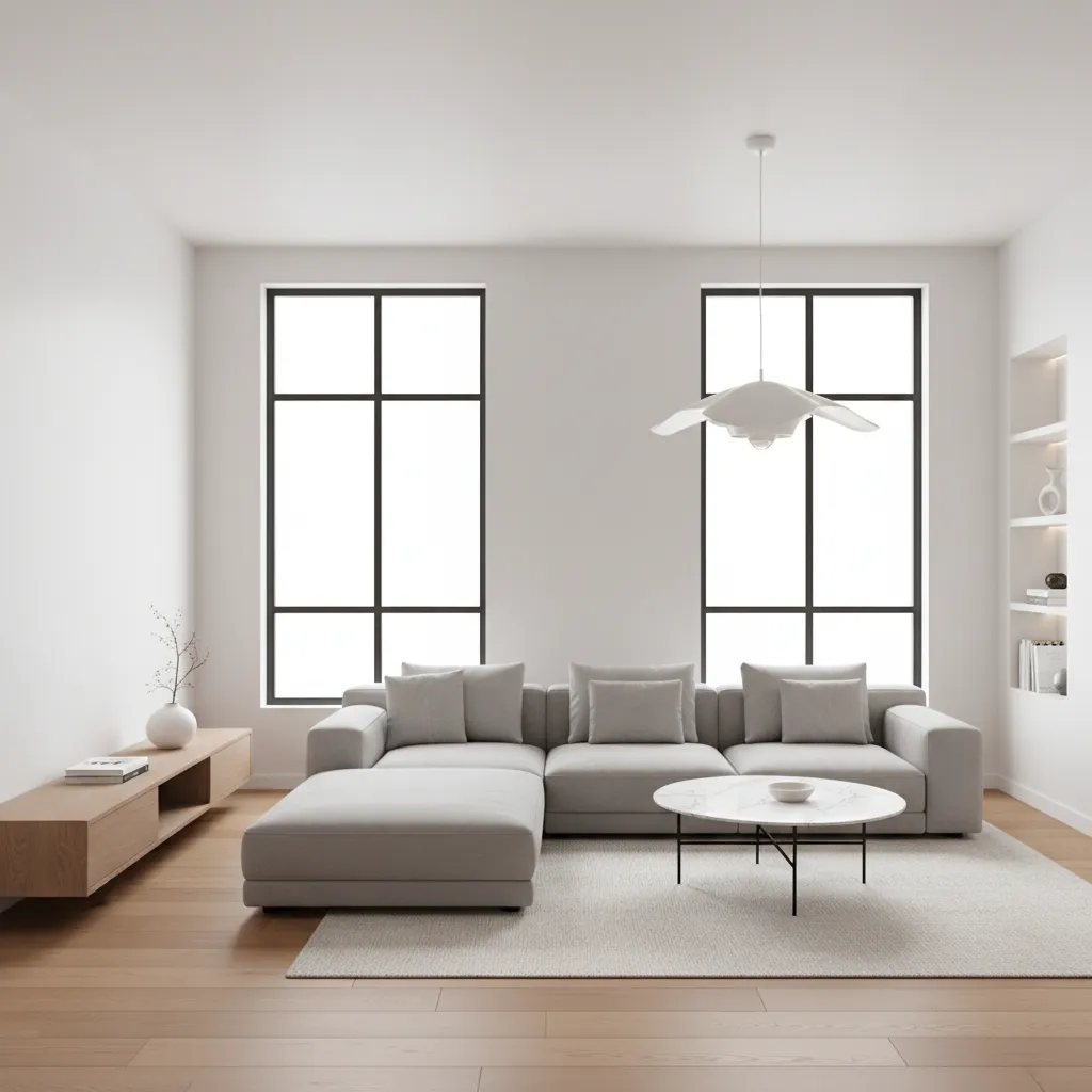 Modern house interior with neutral color palette of white gray and natural wood