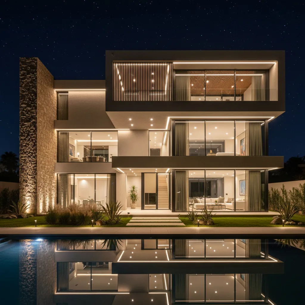 Modern three story house at night with warm indoor lights large glass windows and pool
