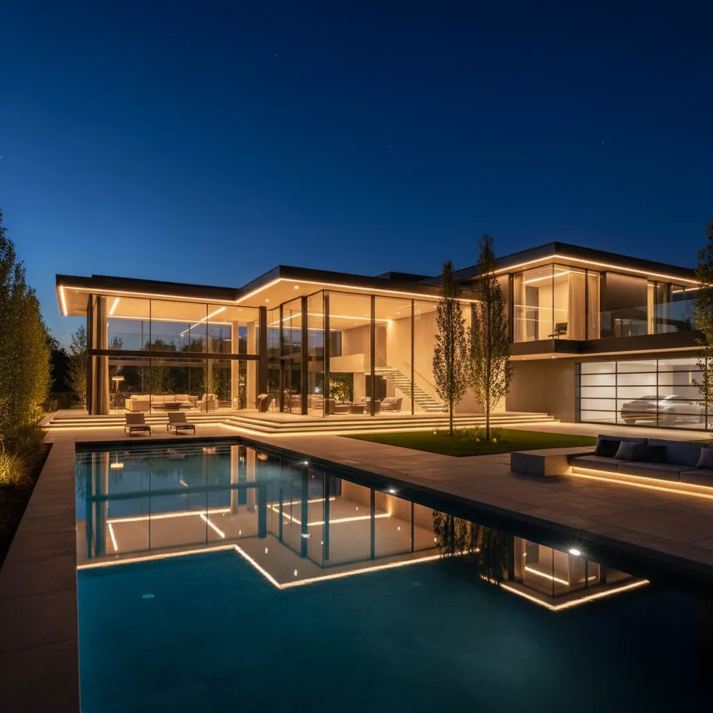 Casa moderna iluminada por la noche con iluminación arquitectónica