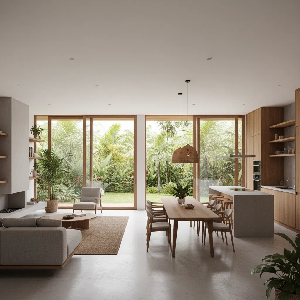 Interior moderno con sala, comedor y cocina integrados