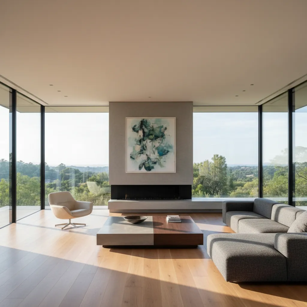 Interior de casa de diseño con salón abierto y grandes ventanales