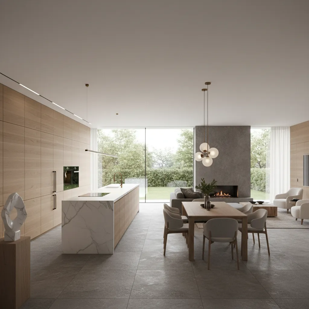 Modern open plan kitchen and dining area with marble island wooden cabinets and fireplace view