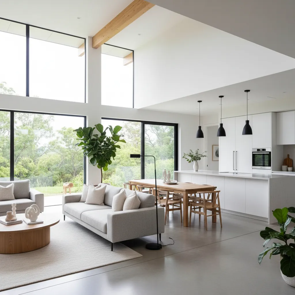 Modern open plan living room with grey sofa wooden dining table white kitchen and windows
