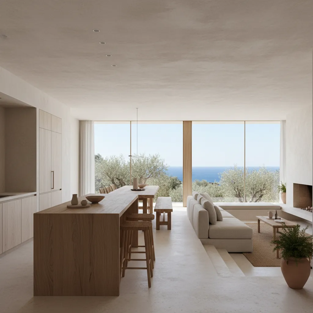 Interior de casa moderna con cocina abierta y salón conectado