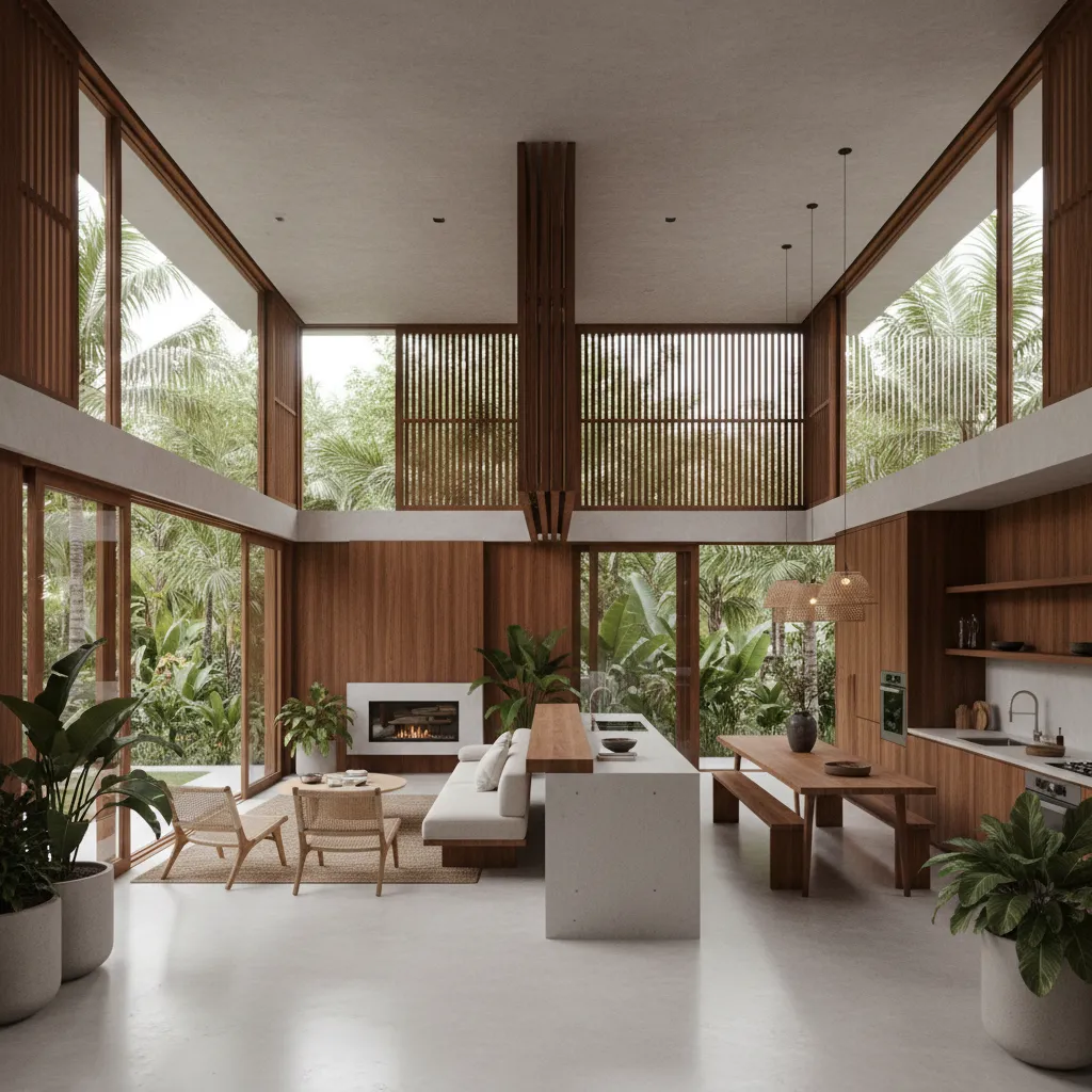 Plano abierto de casa moderna con cocina y sala conectadas