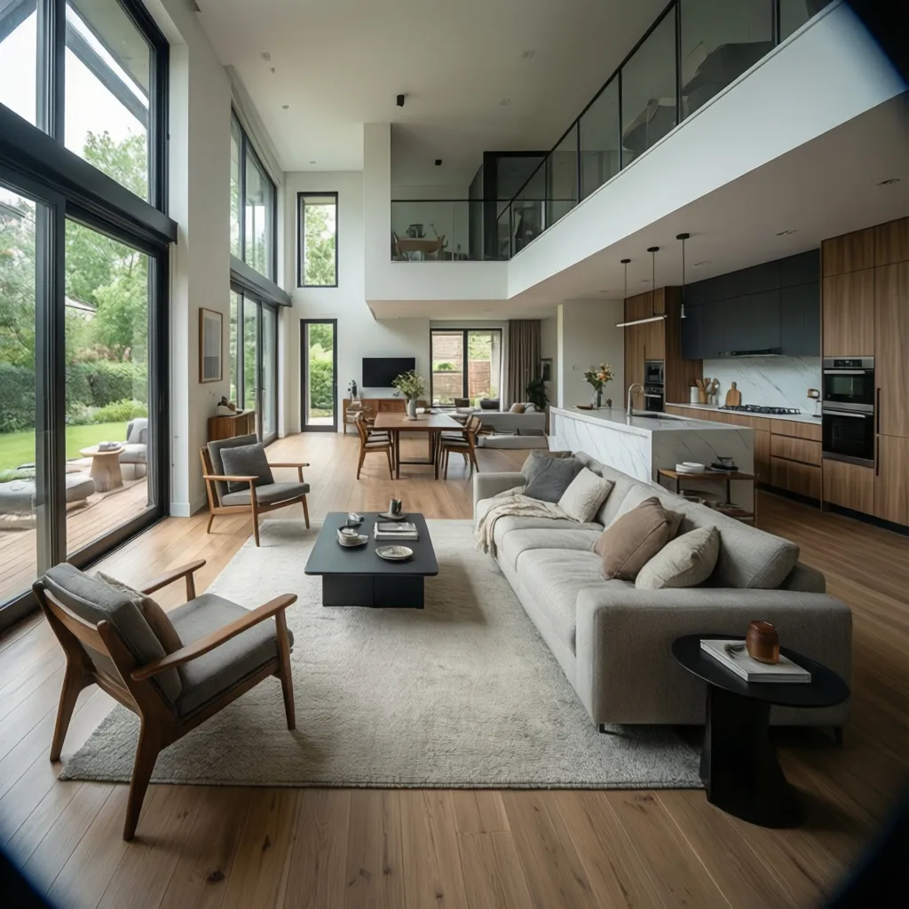 Modern open living room with grey sofa wooden floor large windows and kitchen in background
