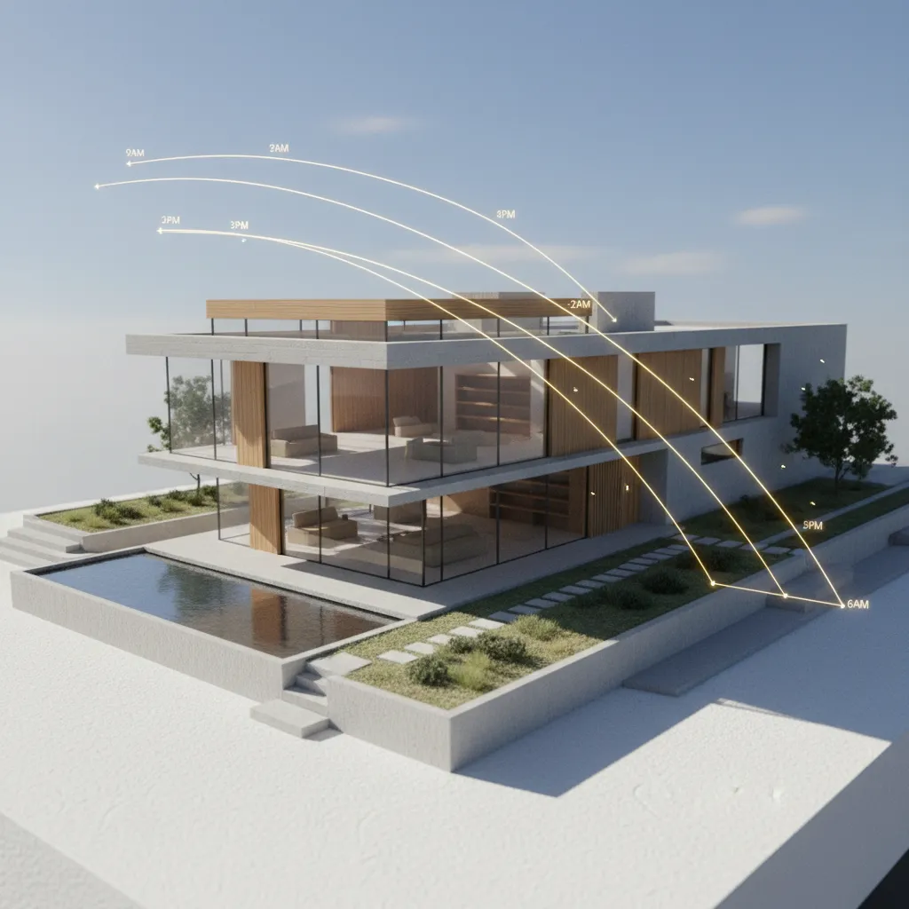 Modern home design showing orientation planning for sunlight and climate comfort