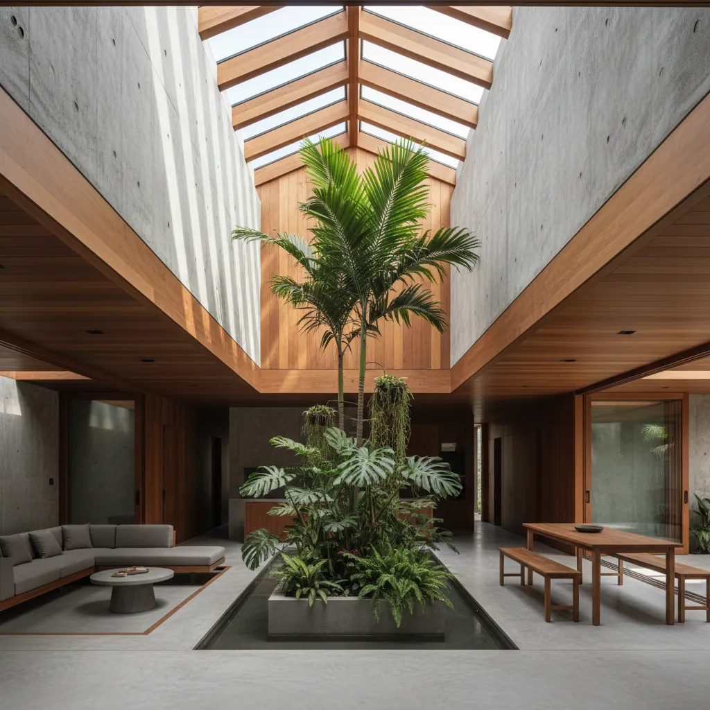 Patio interior moderno con vegetación y luz natural