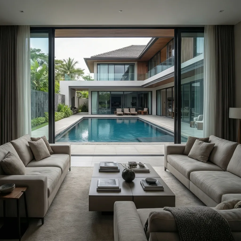 Salón moderno conectado visualmente con piscina exterior mediante puertas de vidrio