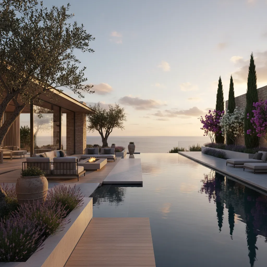Outdoor swimming pool area with seating around fire pit and sunset view over the ocean