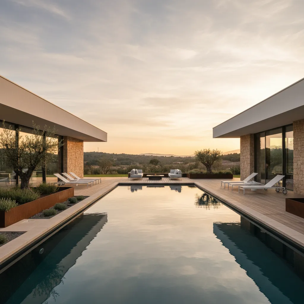 Modern house exterior with long swimming pool wooden deck lounge chairs and beautiful sunset sky