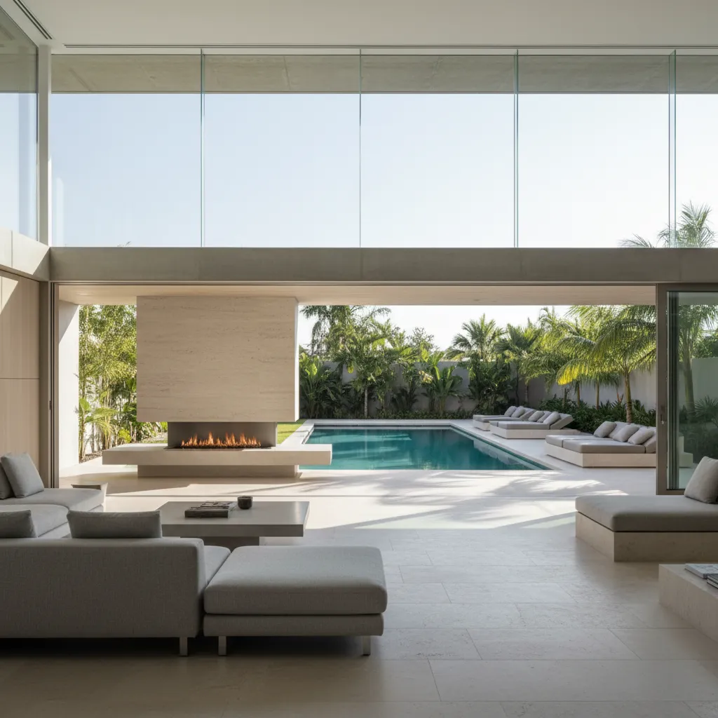 Piscina alineada con el salón de una casa moderna