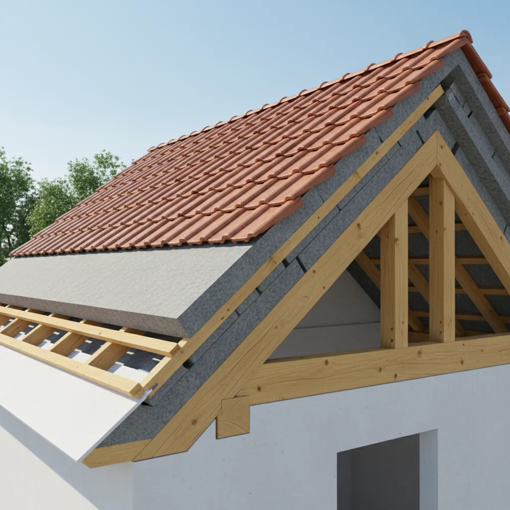 Modern small house roof structure showing tiles and insulation layers