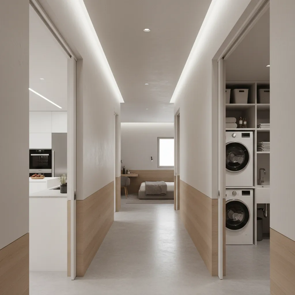 modern house service corridor connecting kitchen laundry and servant room
