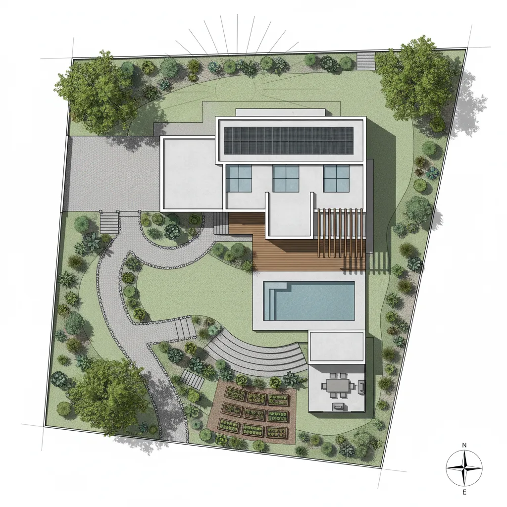 Plano de casa moderna adaptado a la orientación del terreno