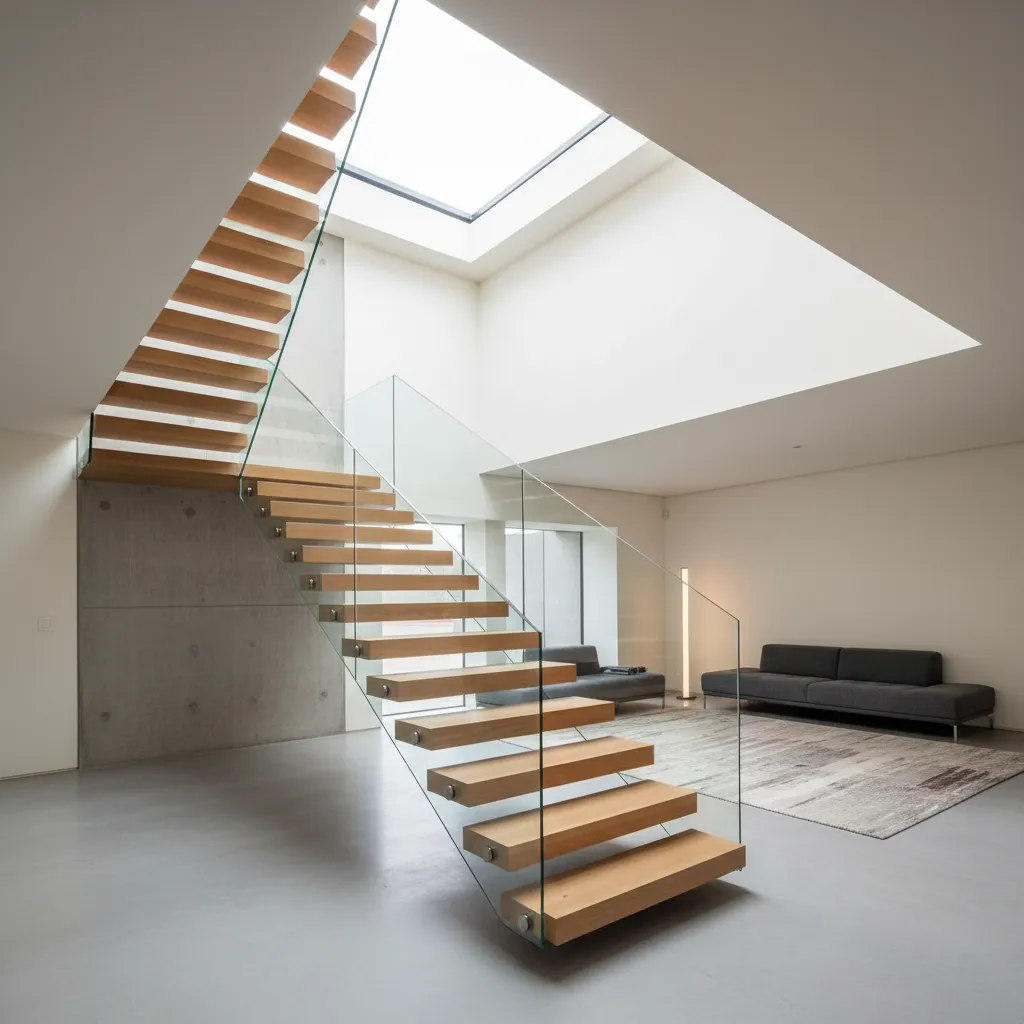 Escalera flotante moderna en una casa contemporánea de dos plantas