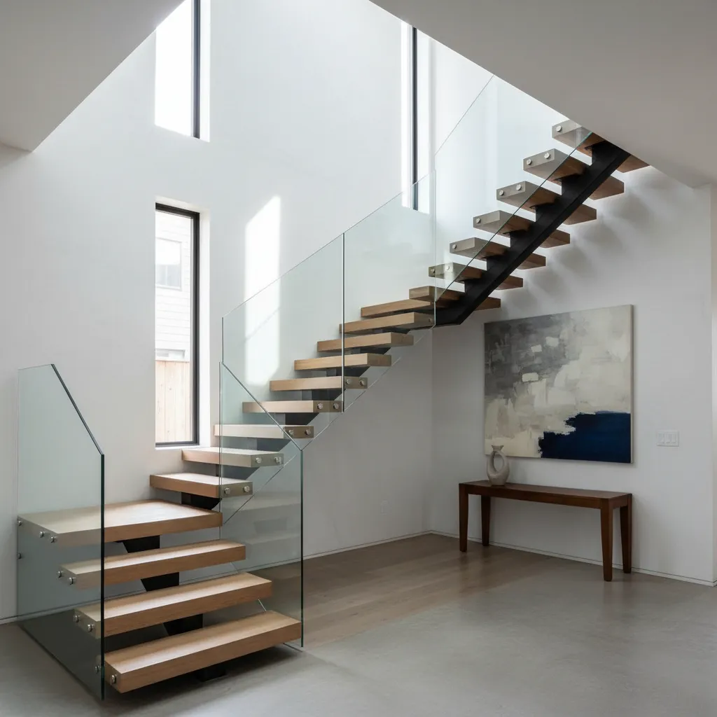 Escalera moderna en interior de casa de dos pisos