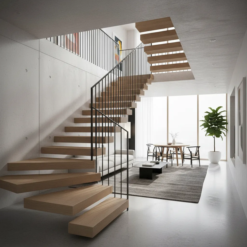 Modern interior with wooden stairs black metal railing white sofa dining table and green potted plant