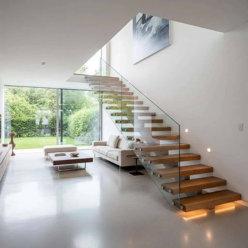 Bright living room with glass railing wooden stairs white sofa and large window with garden