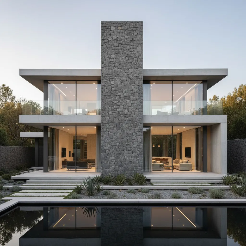 Casa moderna con muro de piedra como elemento arquitectónico principal