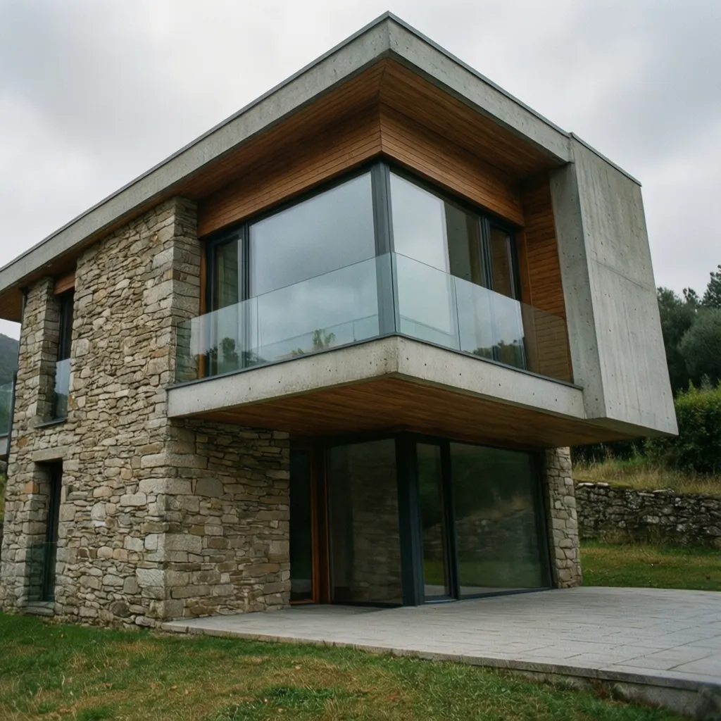 Fachada moderna combinando piedra natural y madera