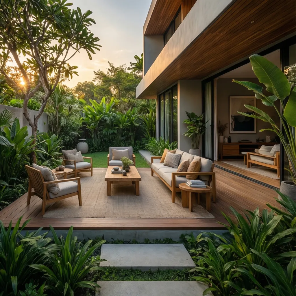 Terraza moderna conectada con jardín tropical