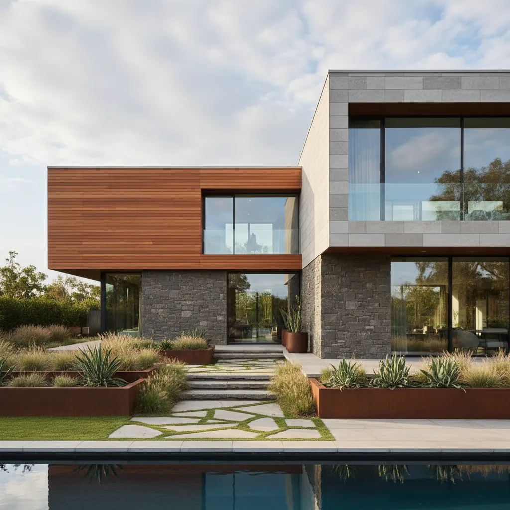 Modern house with wood panels stone walls large glass windows swimming pool and garden plants