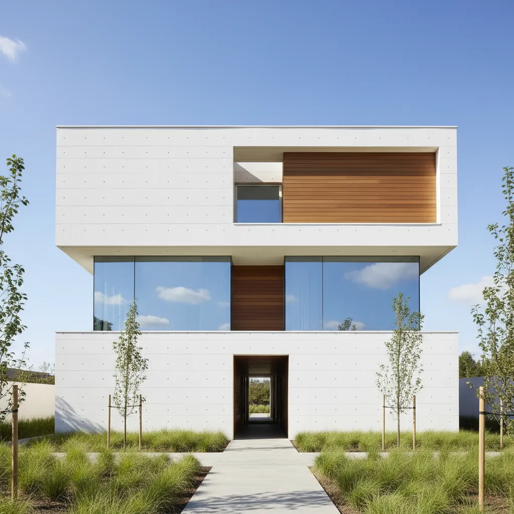 Fachada moderna con volúmenes geométricos bien definidos