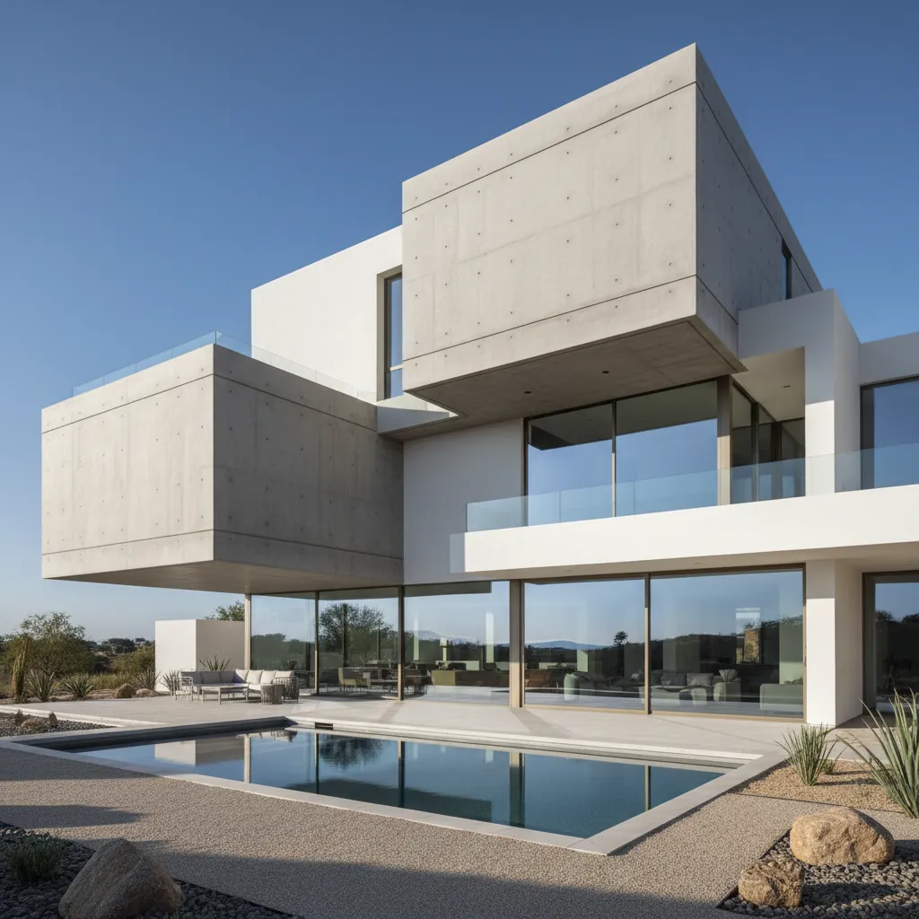 Modern house with grey concrete boxes large glass walls outdoor swimming pool and clear sky