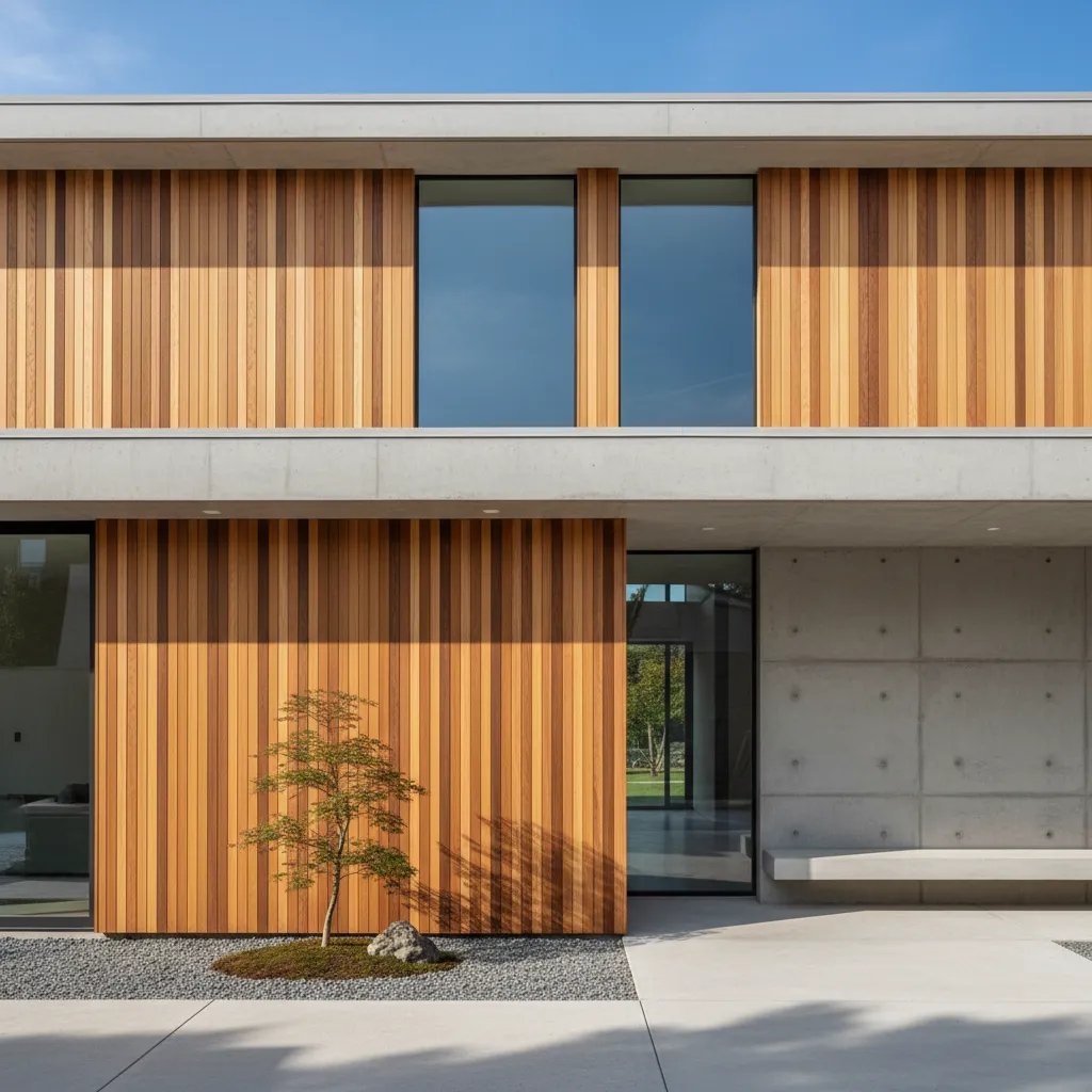 Modern house exterior with vertical wood wall panels concrete bench large windows and small green tree