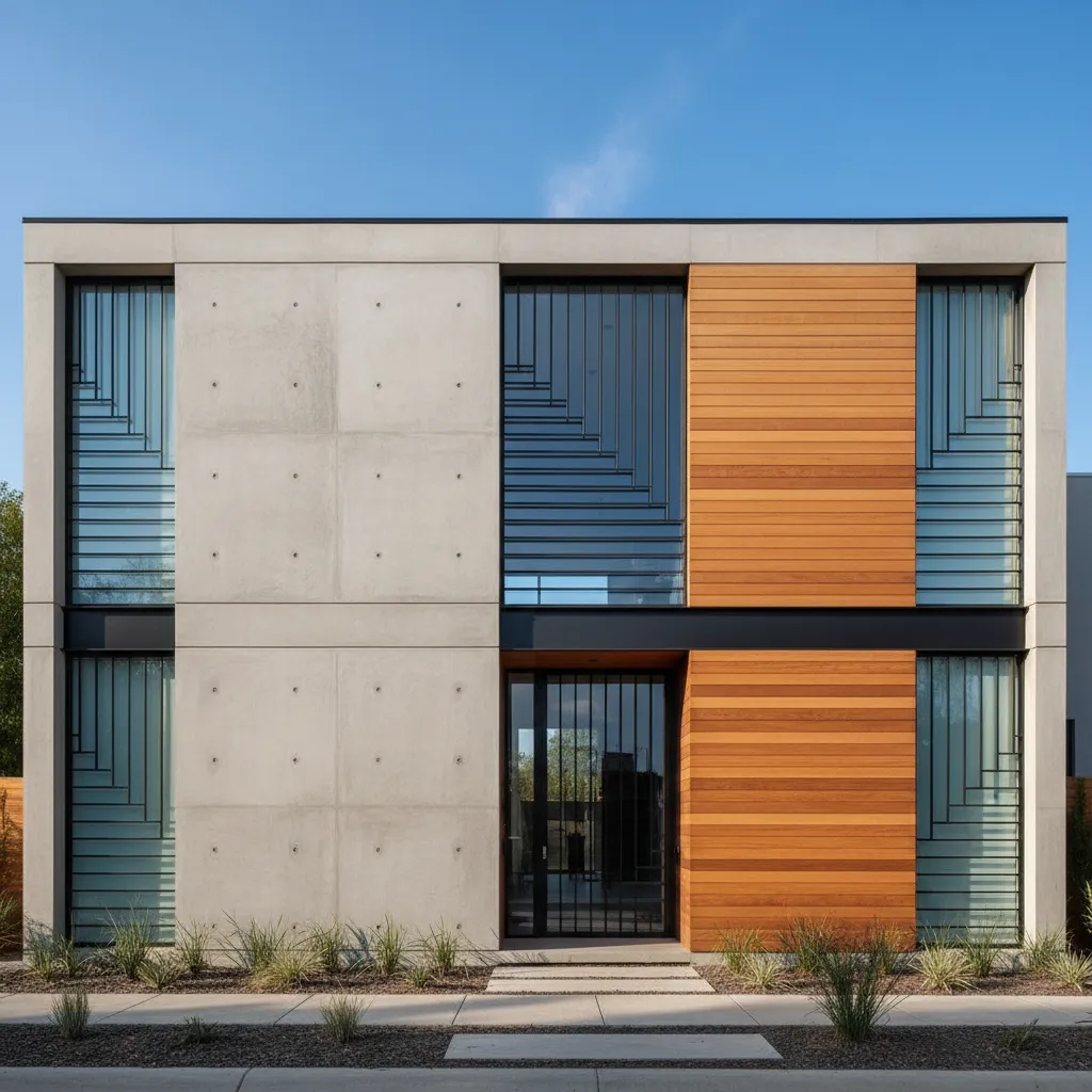 Fachada de casa moderna con rejas negras integradas al diseño