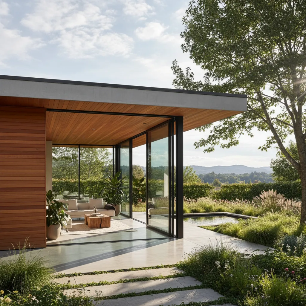 Casa moderna de una planta con puertas correderas de vidrio hacia el jardín