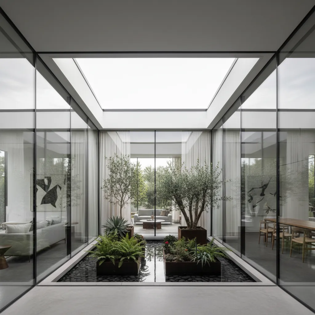 Casa moderna con patio interior y grandes ventanales