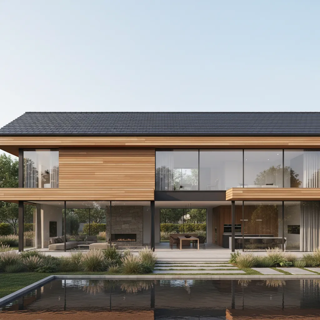 Casa moderna con combinación de madera natural y tejado de tejas