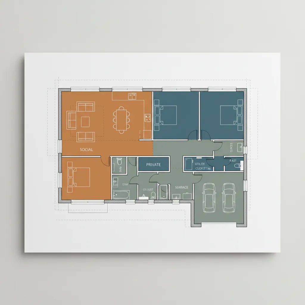 Diagrama de distribución de zonas en una casa moderna