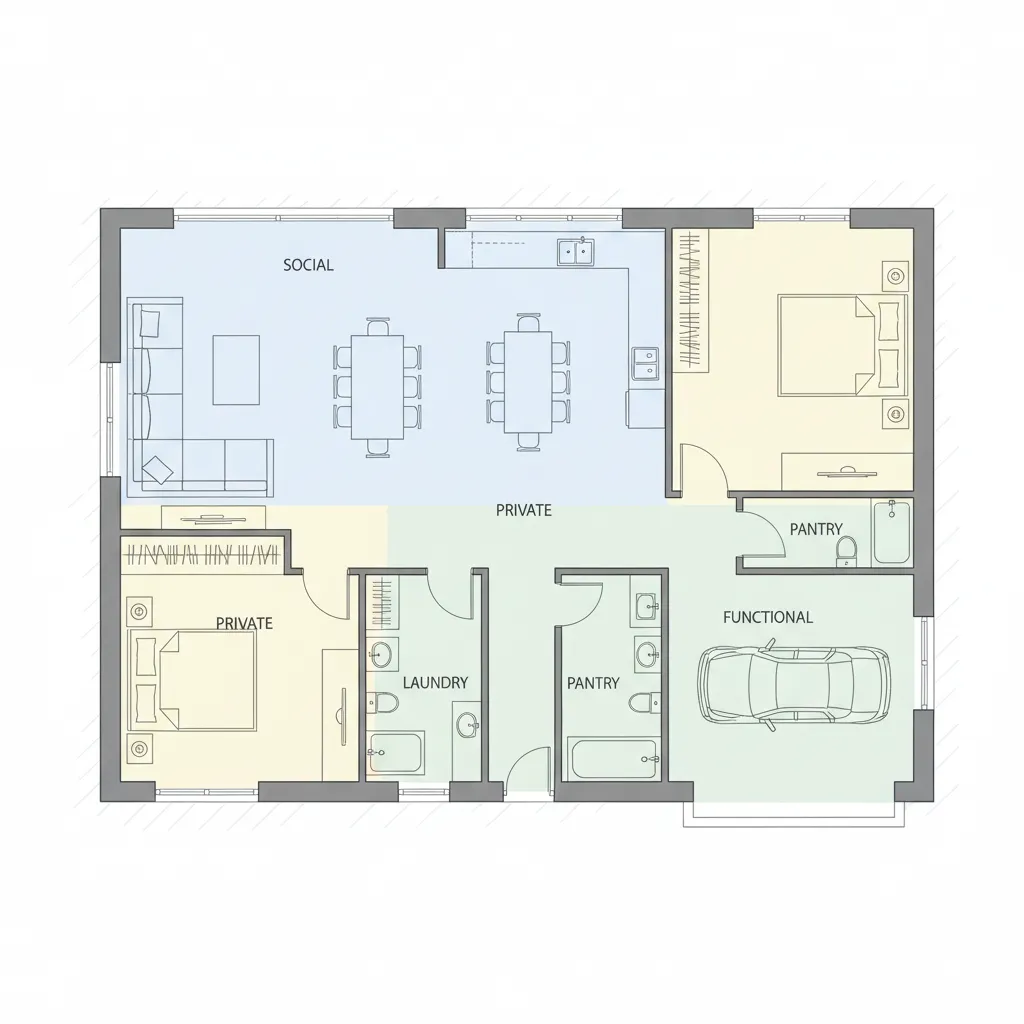 Plano de casa moderna con zonas social privada y funcional diferenciadas