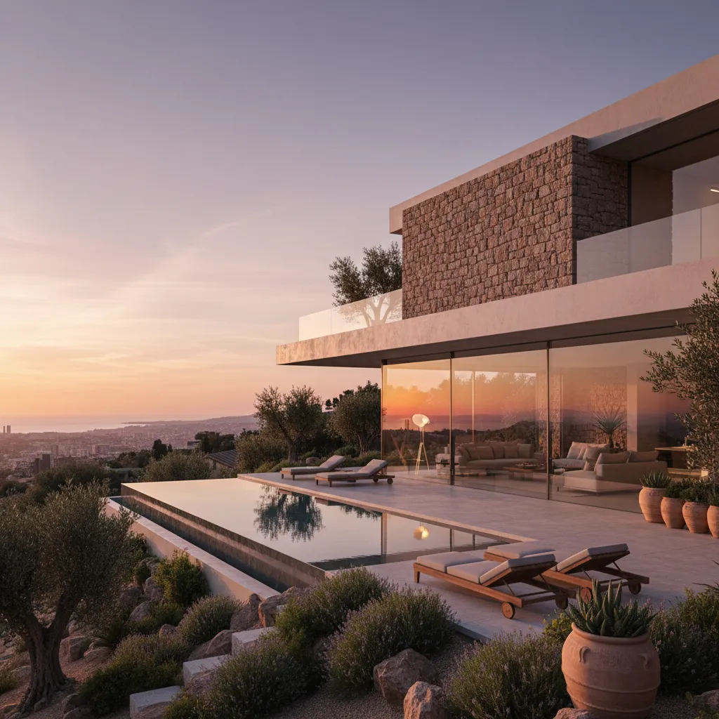 Modern luxury villa with stone walls infinity pool lounge chairs and beautiful sunset city view