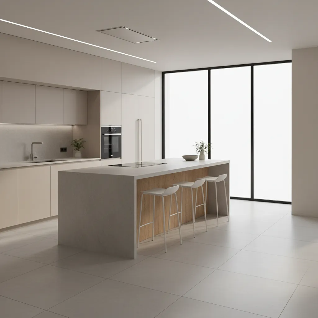 Open modern kitchen designed with human centered layout and island workflow
