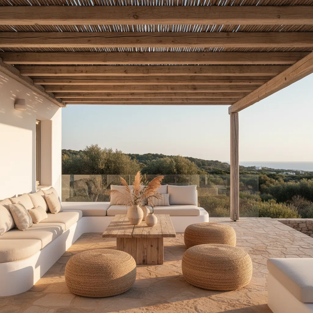 Casa ibicenca moderna con pérgola de madera y terraza exterior
