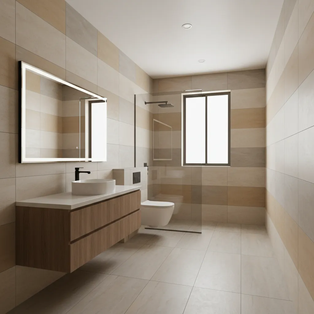 Indian bathroom with large format wall tiles and minimal design