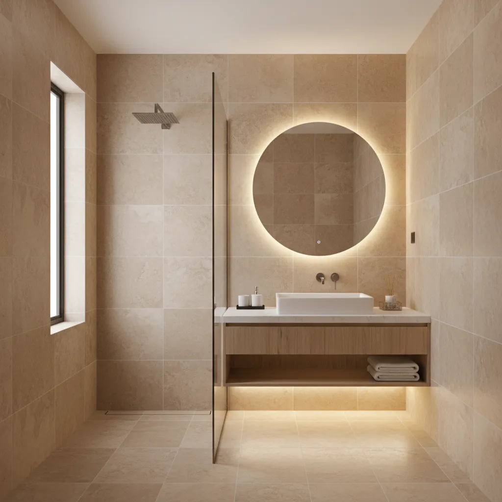 modern Indian bathroom with beige stone tiles and glass shower
